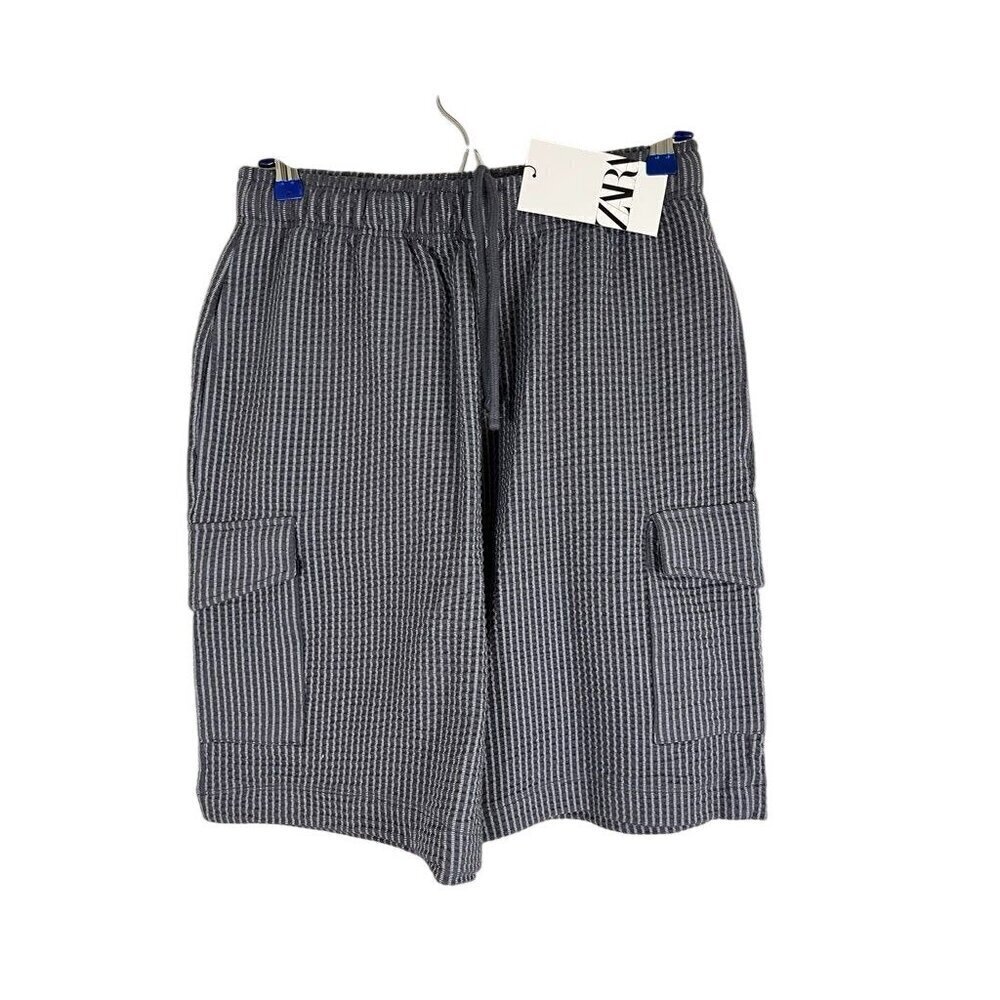 Zara Shorts Women M Blue Pull On Drawstring Neutral Summer Beach Travel Check